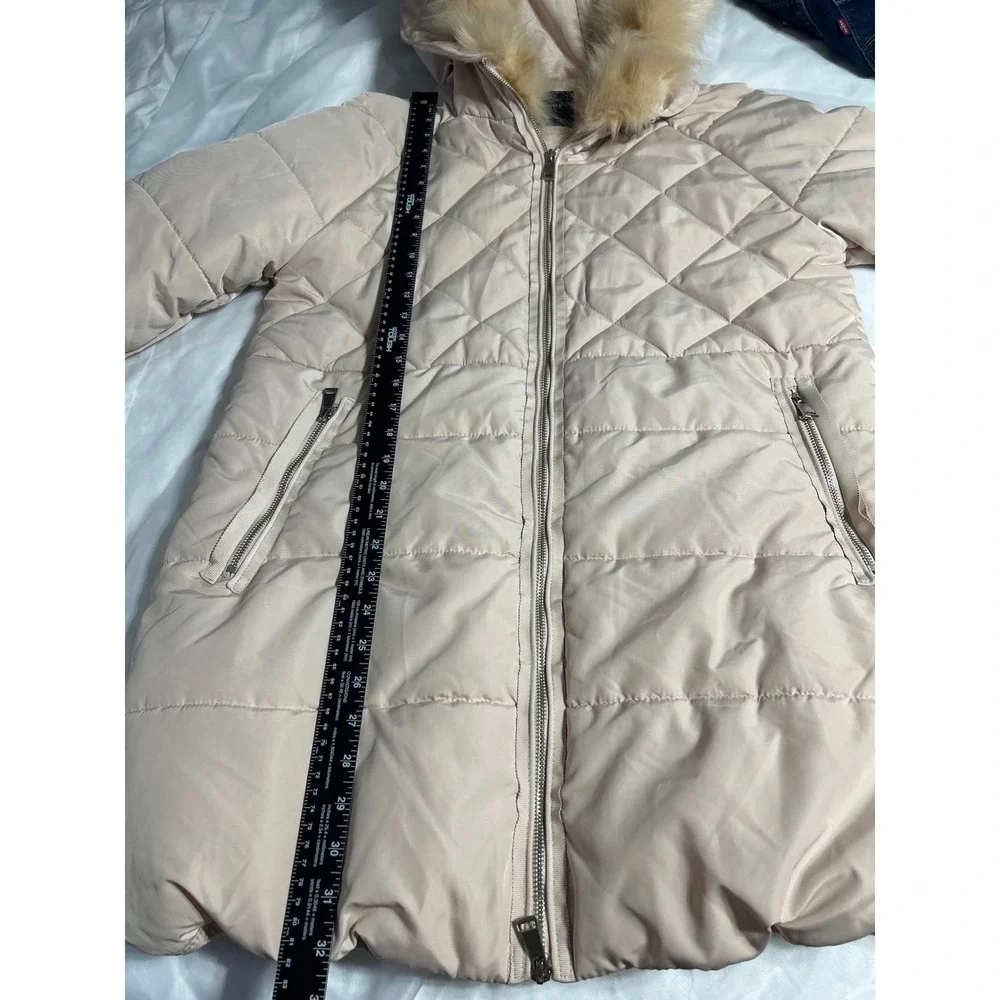 Forever 21 Women's Quilted Puffer Coat Faux Fur Hood Zip Front Beige Size Medium